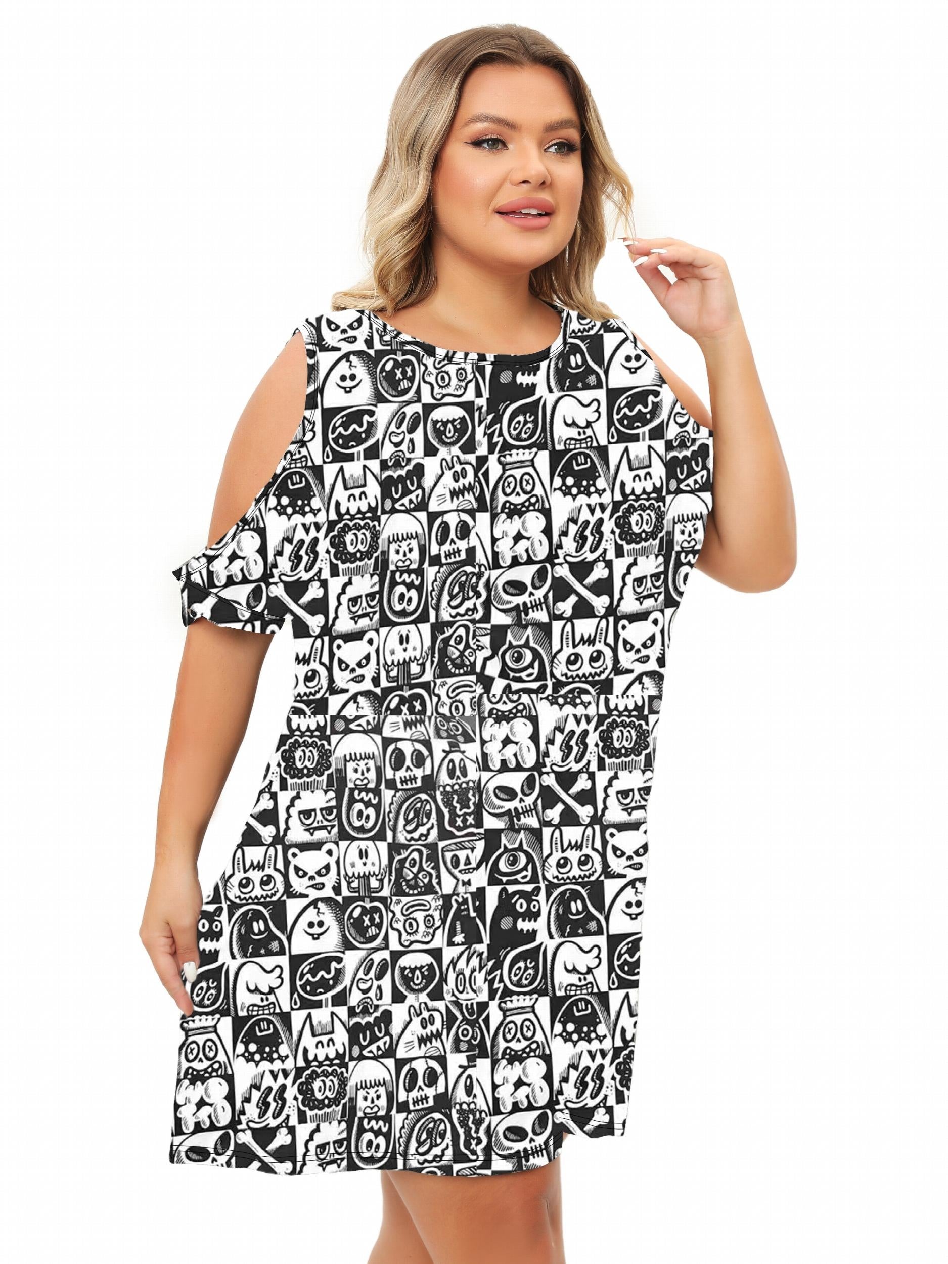 Cartoon Print Cold Shoulder Tee Sleep Dress