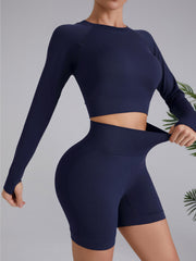 Yoga Sports Sets Long Sleeve Top & High Waist Shorts Women's Activewear