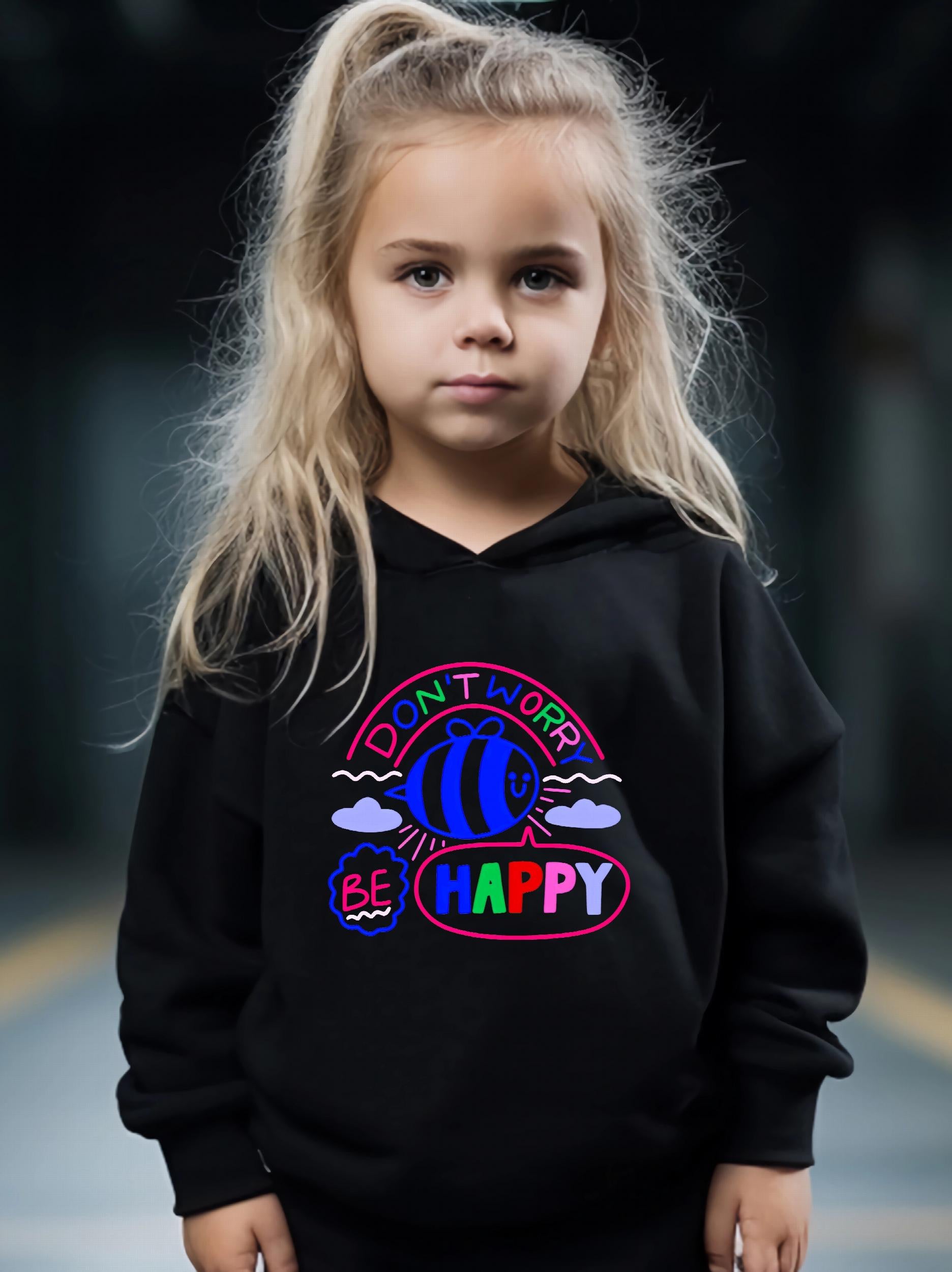 Happy Pattern Long Sleeve Hooded Sweatshirt Girls Comfy Hoodies Pullover