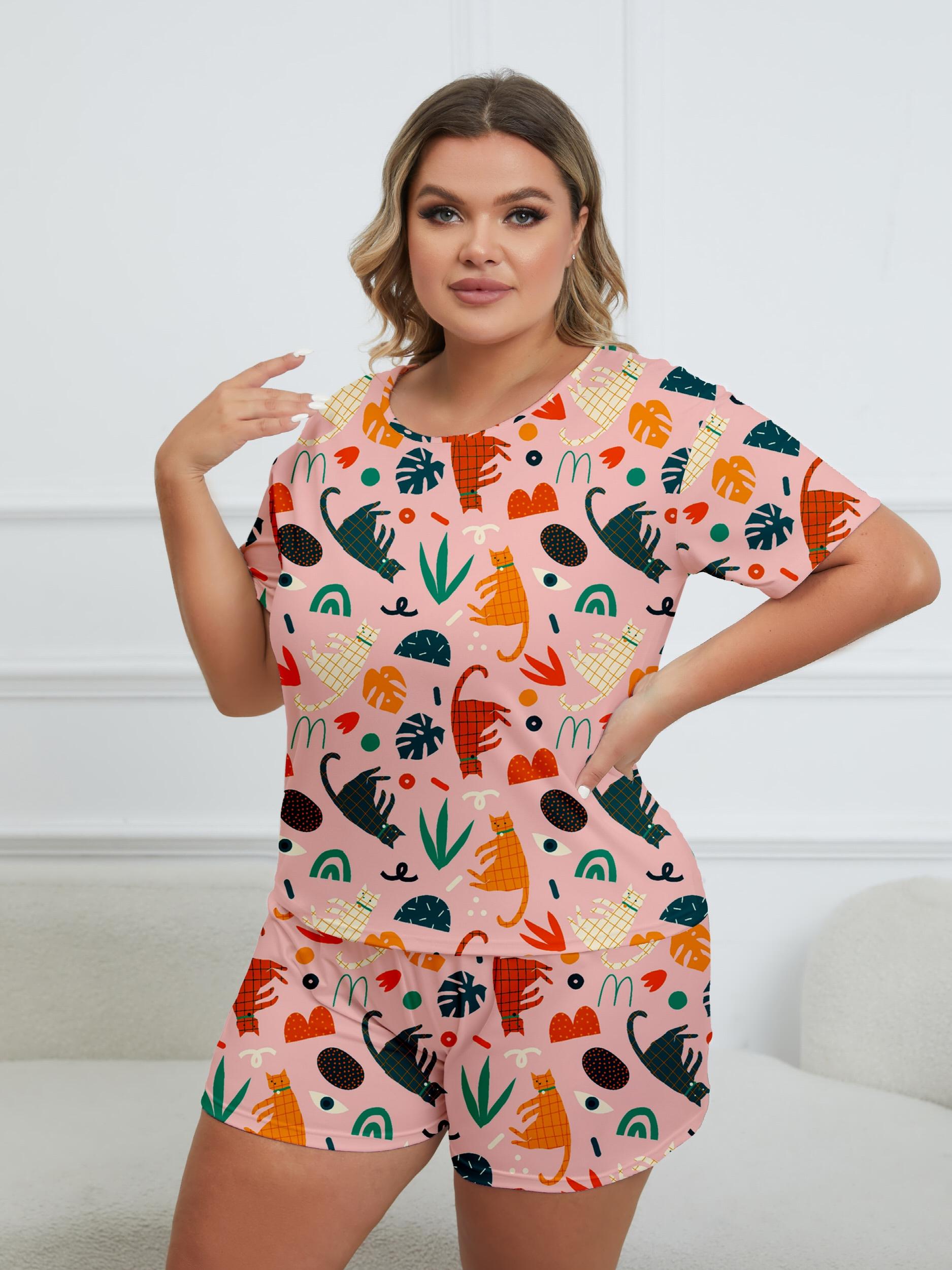 Cat & Leaf Print Tee & Shorts Pajama 2 Piece Set