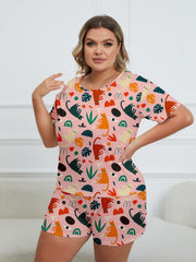 Cat & Leaf Print Tee & Shorts Pajama 2 Piece Set