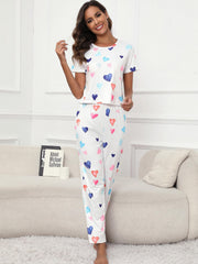 Heart Print Pajamas Set Short Sleeve Tee & Lounge Pants Women's Sleepwear