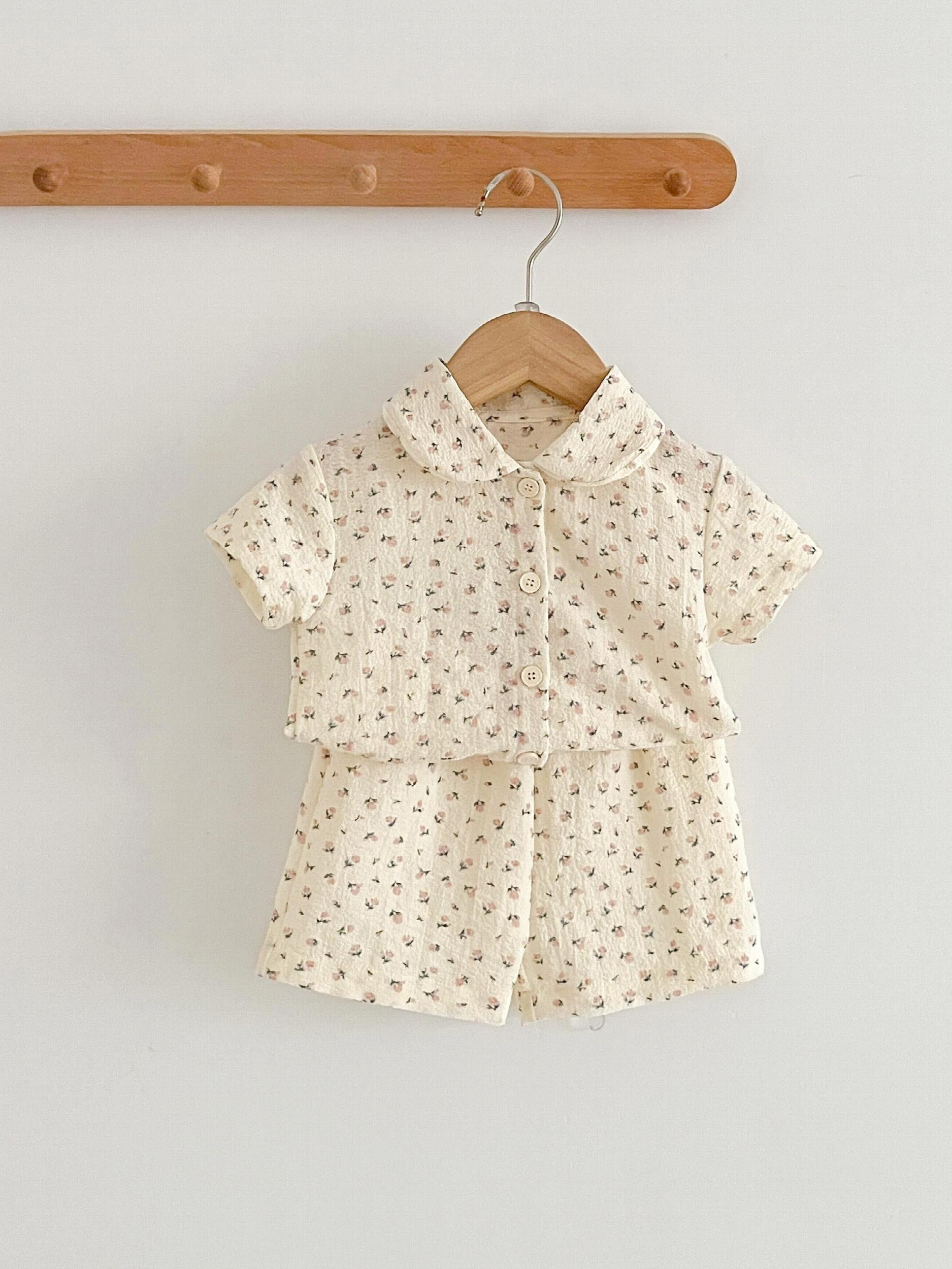 2pcs Toddler Girl Doll Collar Floral Top Shorts Set