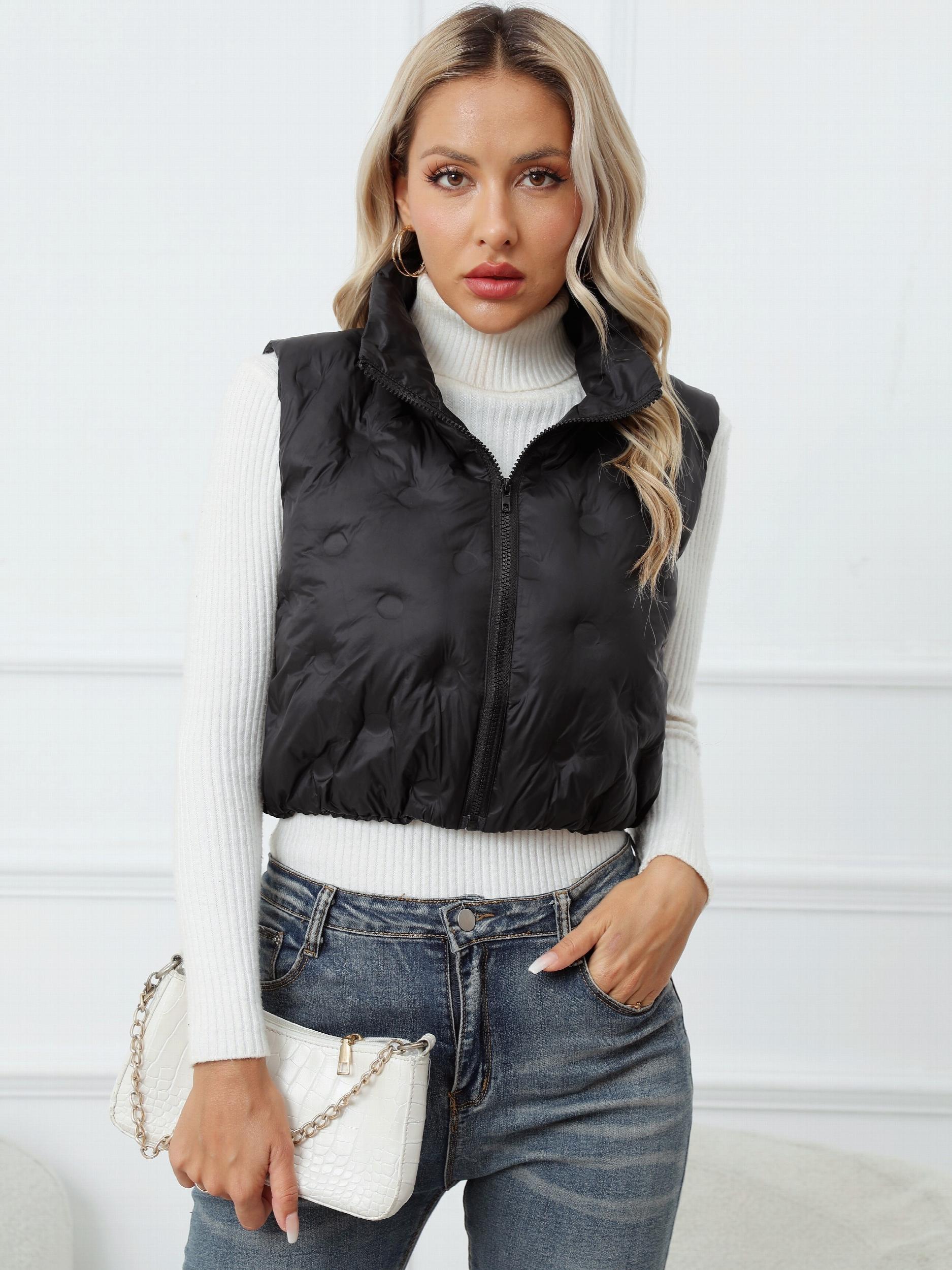 Solid Zip Up Vest Sleeveless High Neck Women's Clothing