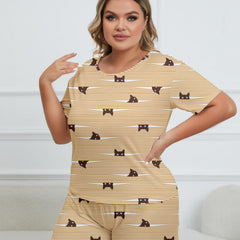 Cartoon Cat Stripe Print Pajama Set Women's Breathable Loungewear