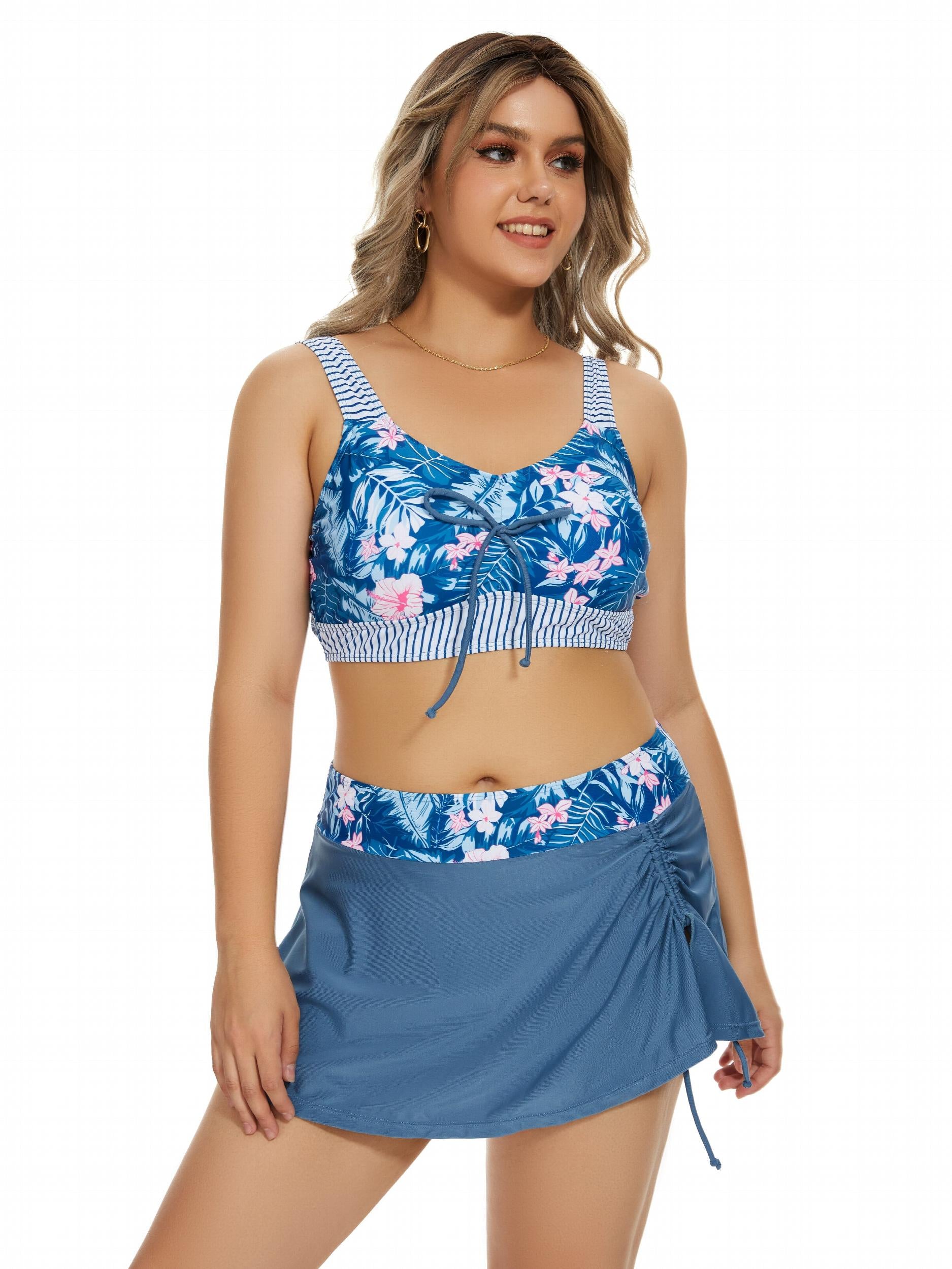 Boho Tankini Set Women's Plus Tie Front Tank Top & Lace Up Mini Skirt