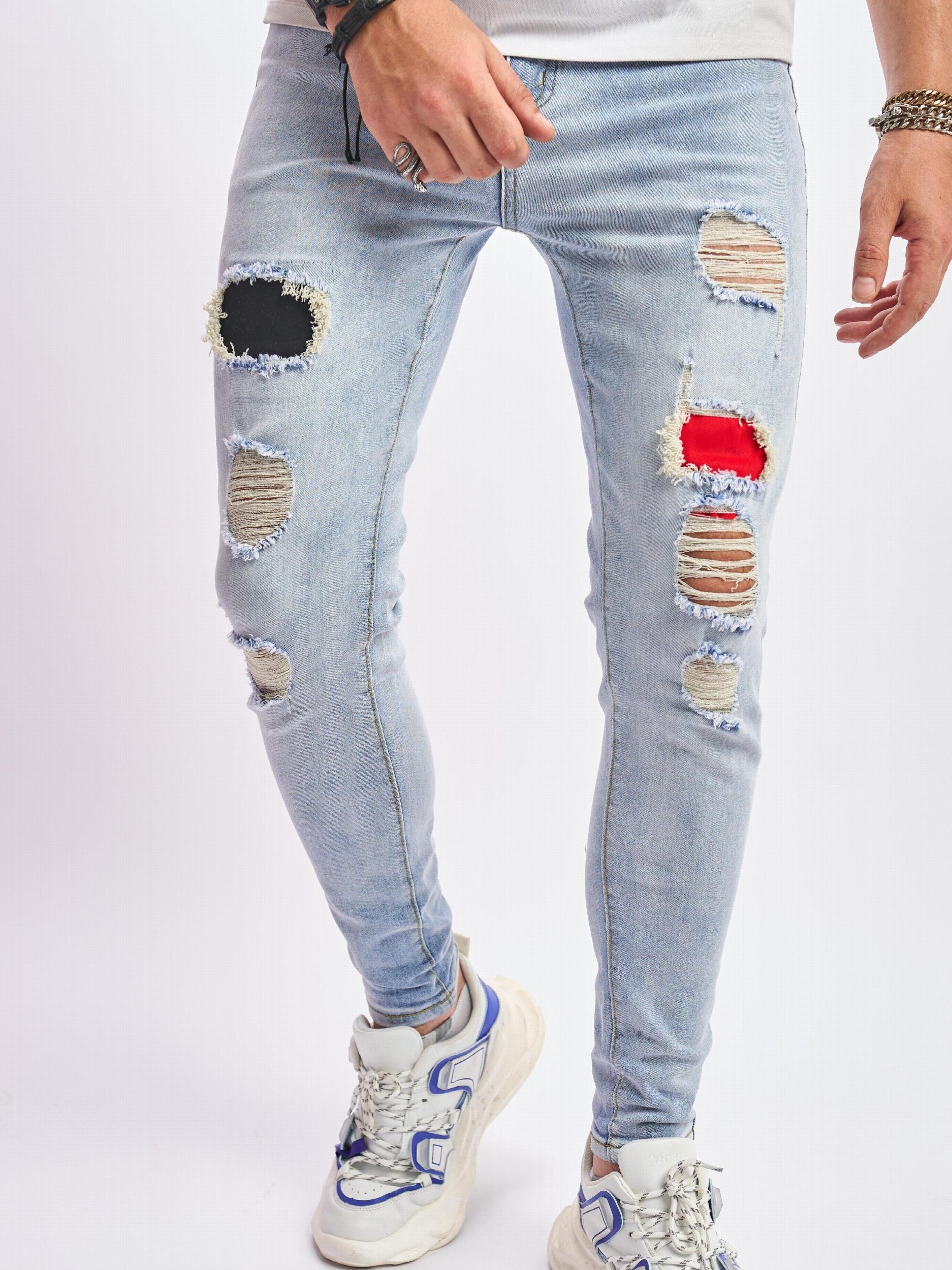 Slim Fit Ripped Jeans Men's Casual Street Style Distressed Mid Stretch Denim