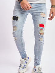 Slim Fit Ripped Jeans Men's Casual Street Style Distressed Mid Stretch Denim