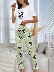 Panda Print Pajama Set Short Sleeve Crew Neck Top & Pants Women's Sleepwear