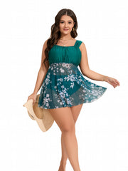Floral Print Tie Front Mesh Dress & Panty Swimsuit 2 Piece Set