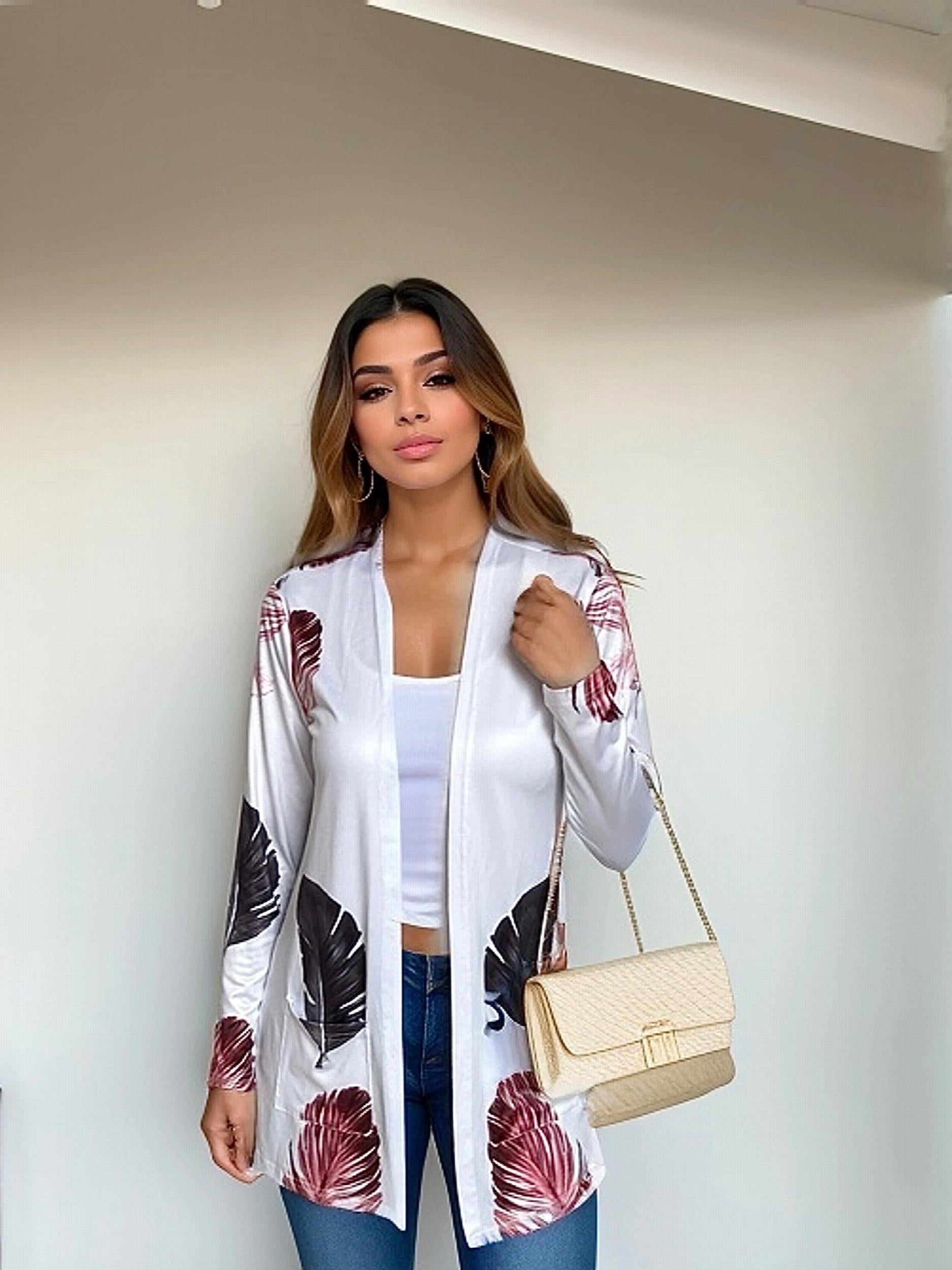 Women's Plus Feather Print Long Sleeve Open Front Cardigan