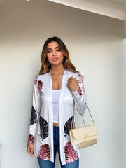 Women's Plus Feather Print Long Sleeve Open Front Cardigan