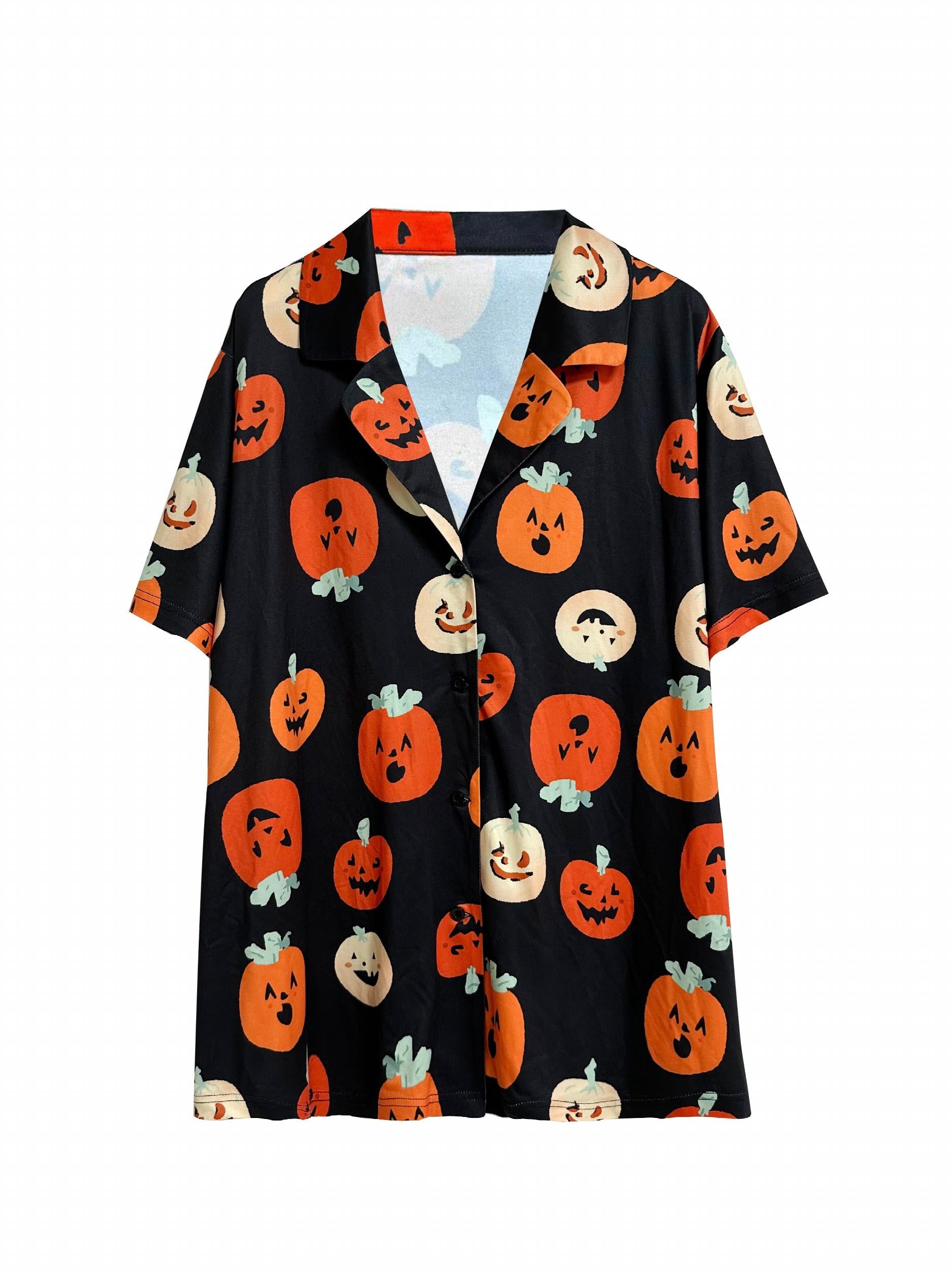 Halloween Pumpkin Pajama Set Short Sleeve Button Up
