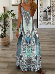 Boho Dress Women Tribal Print V Neck Maxi Cami D