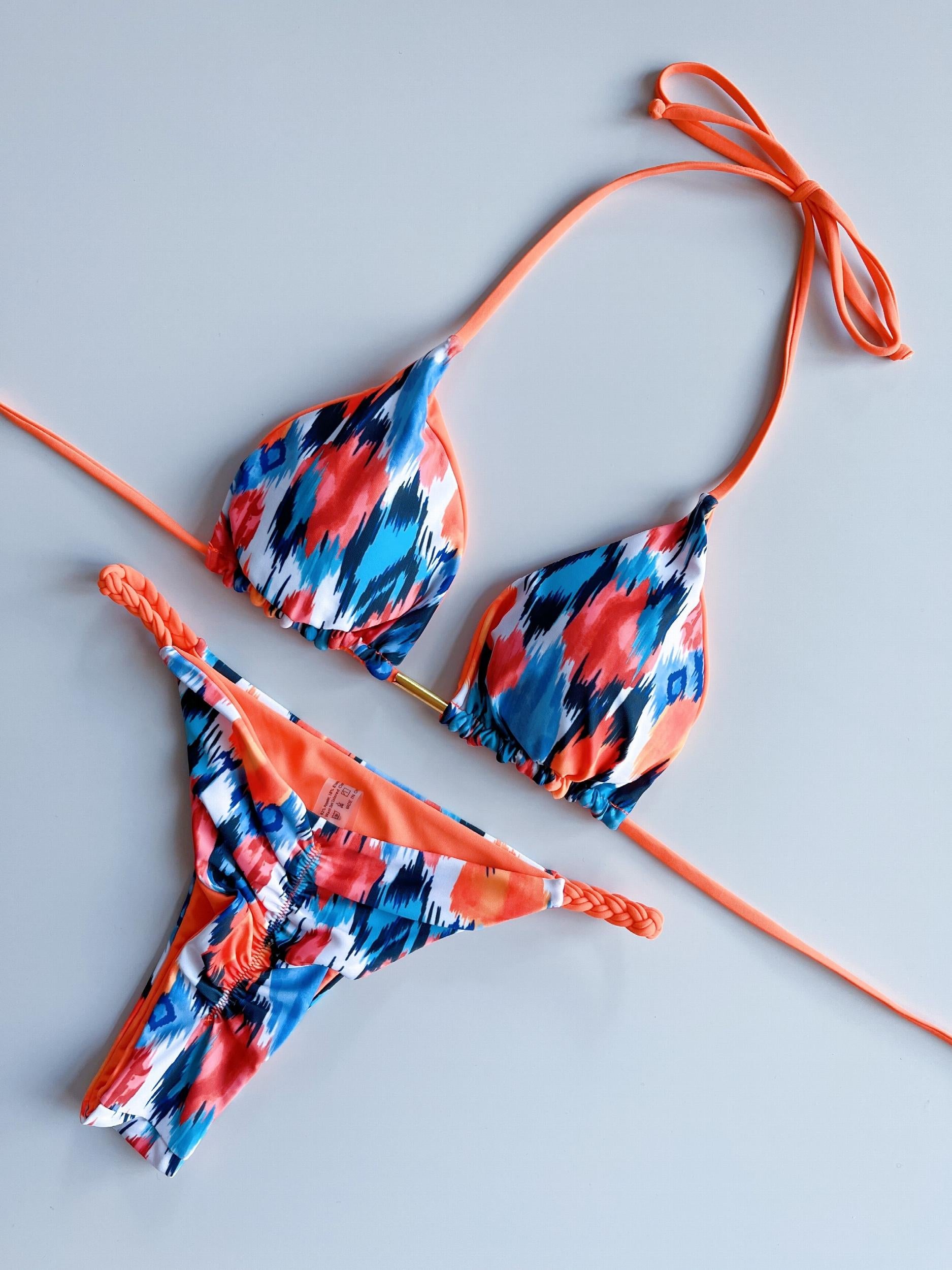 Tropical Print Bikini Set Halter V Neck High Cut Thong 2 Piece Swimwear