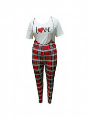 Women's Letter & Plaid Print Top & Jumpsuit Set