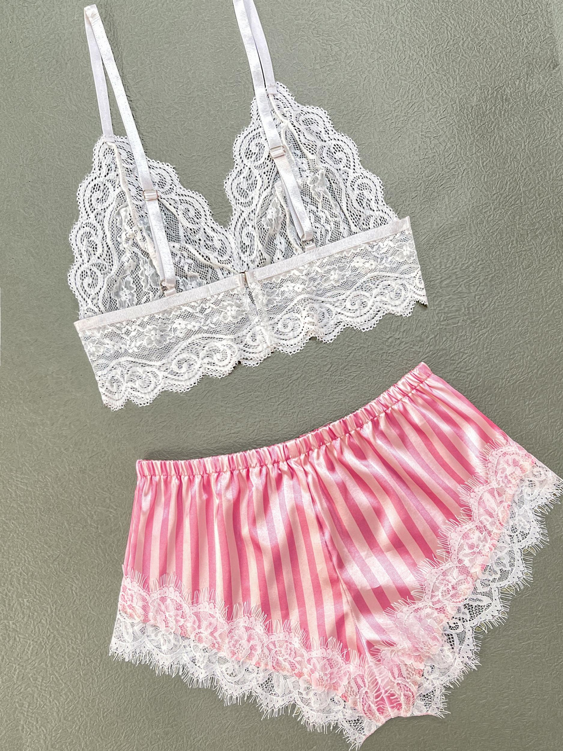 Lace Stitching Pajama Set V Neck Cami Top & Striped Shorts