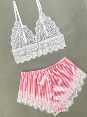 Lace Stitching Pajama Set V Neck Cami Top & Striped Shorts