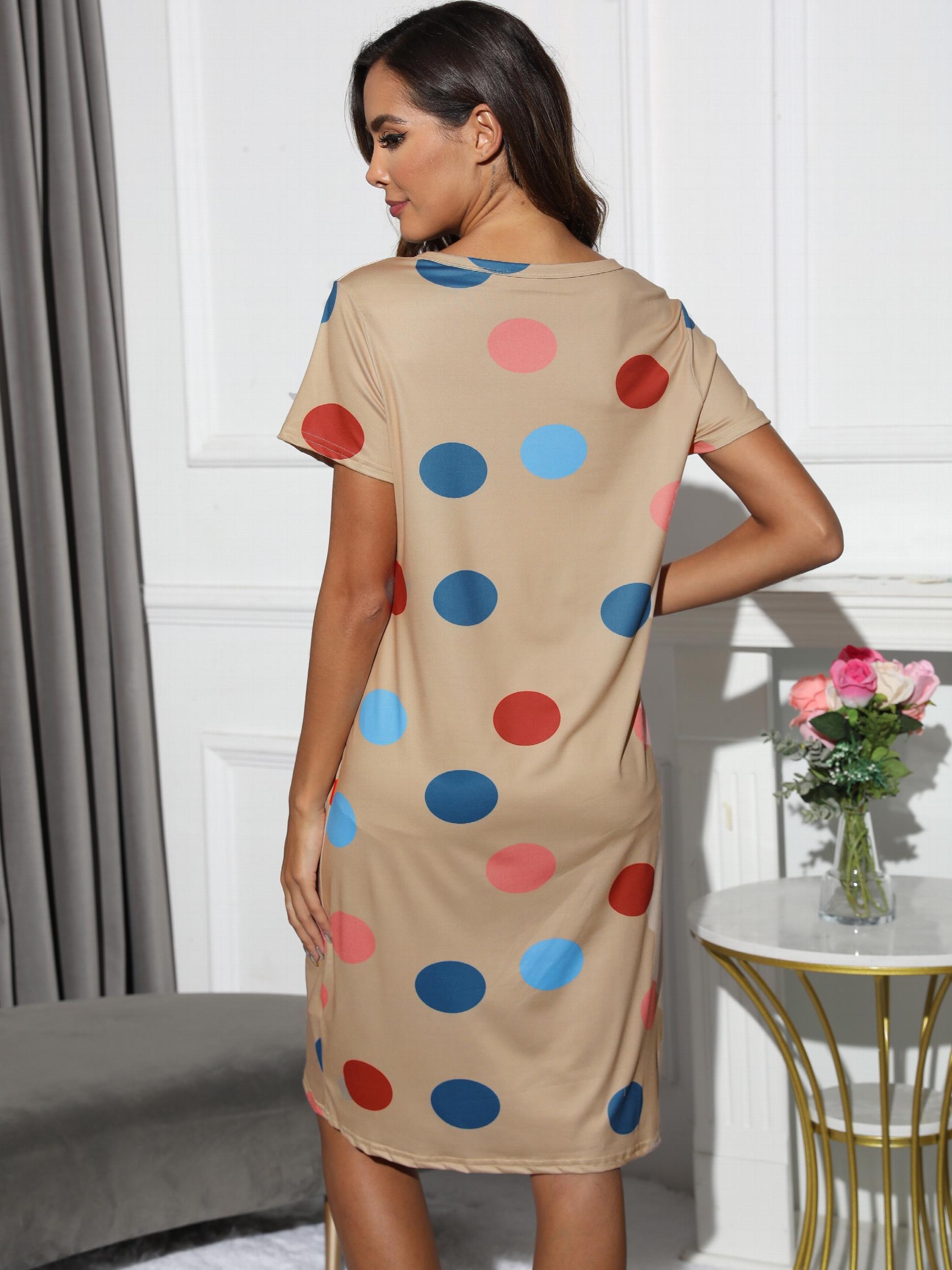 Polka Dot Print Nightdress Crew Neck Short Sleeve Sleep Dress Women's Sleepwear