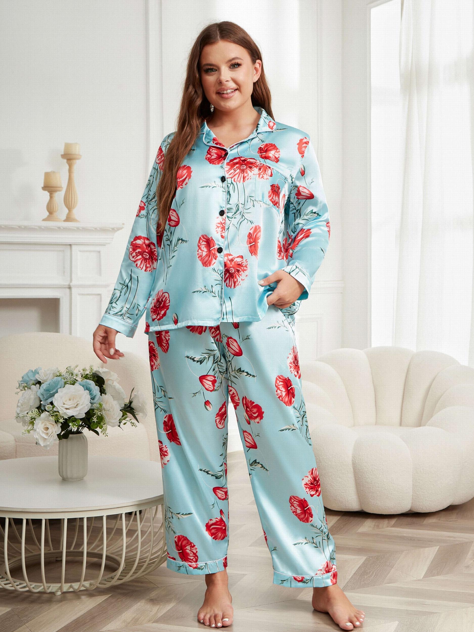 Satin Floral Print Pajama Set Long Sleeve Shirt & Pants Two Piece