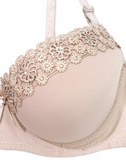 Lace Embroidery Push Up Padded Bra with Center Bow