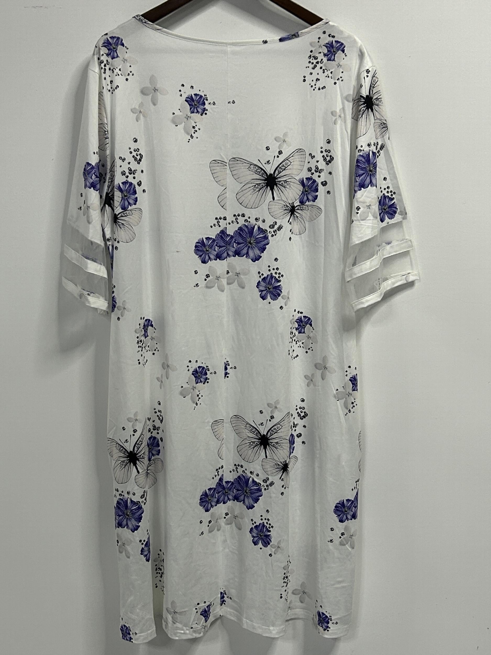 Floral & Butterfly Printed Casual Dress with Mesh Sleeves & Pockets