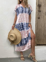 Tie Dye Block V Neck Dress Short Sleeve Casual Dress
