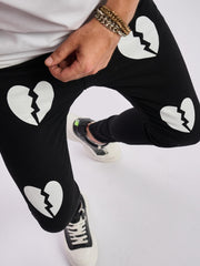 Broken Heart Pattern Slim Fit Jeans Men's Casual Street Style Denim Pants