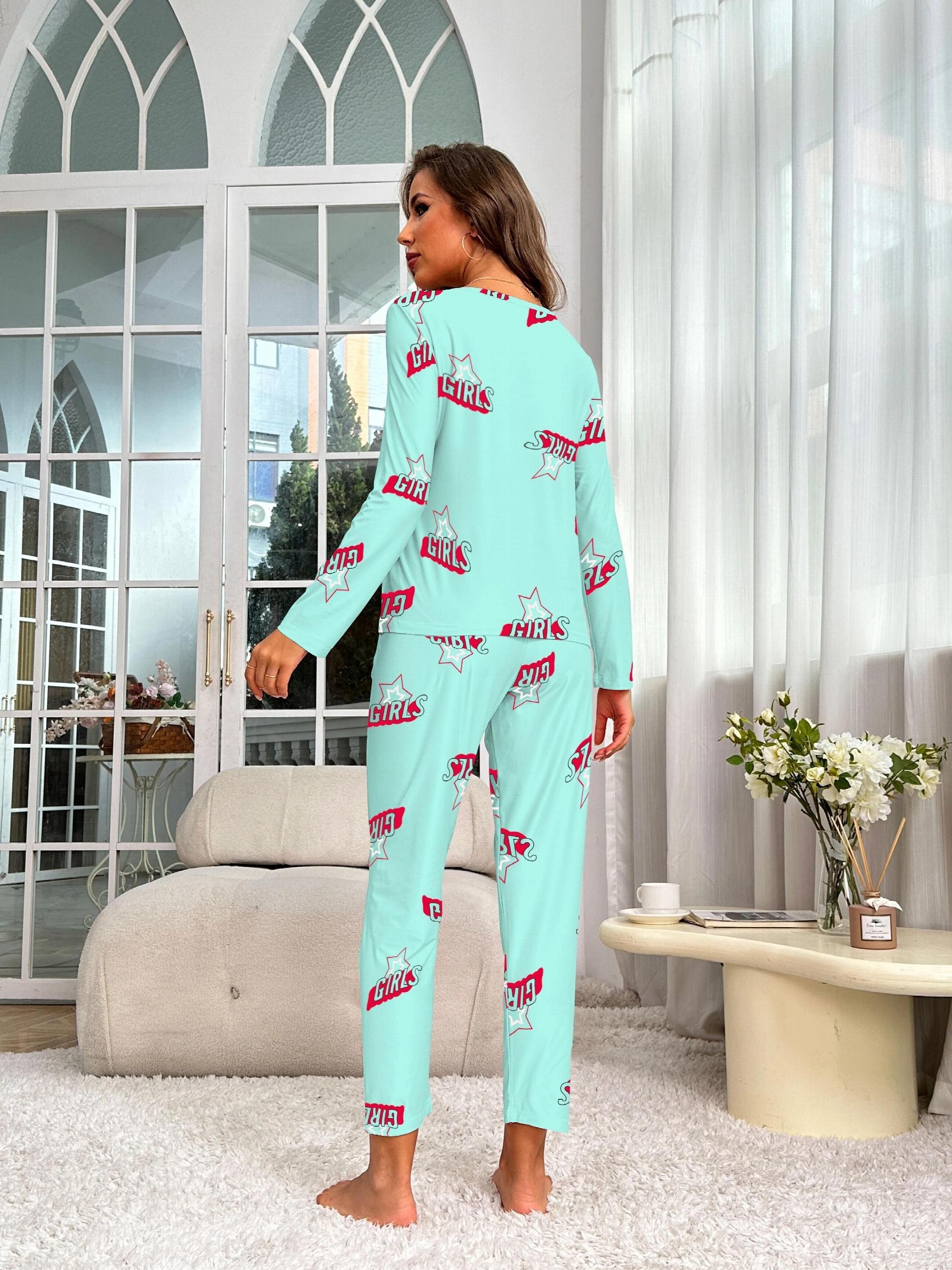 Letter Print Pajama Set Long Sleeve Top & Pants Women's Sleepwear