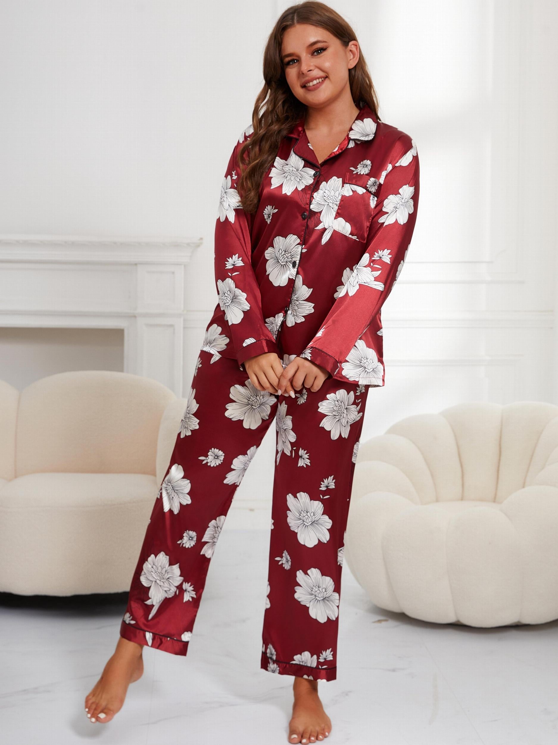 Floral Print Satin Shirt & Pants Pajamas Set