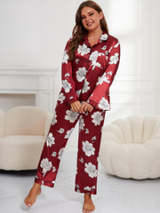 Floral Print Satin Shirt & Pants Pajamas Set