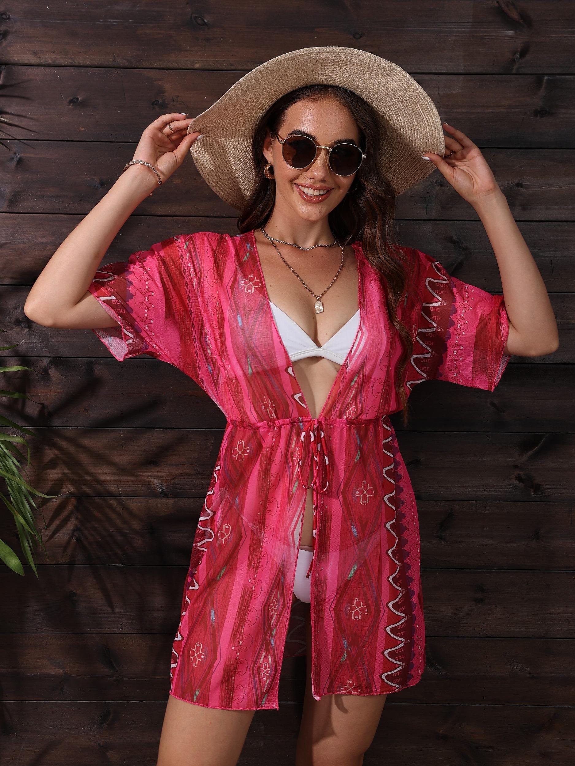 Boho Tie Belt Kimono Cover Up Dress V Neck High Stretch Beach Kaftan