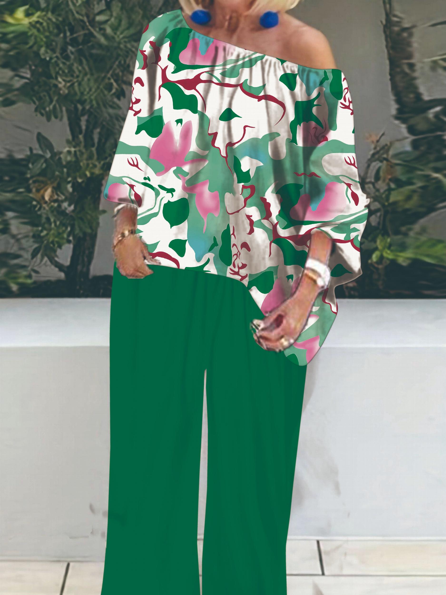 Women's 2 Piece Set Solid One Shoulder Top & Leaf Print Pants Outfits