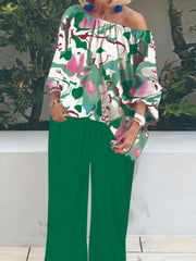 Women's 2 Piece Set Solid One Shoulder Top & Leaf Print Pants Outfits