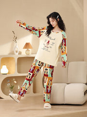 Cartoon Print Pajama Set Long Sleeve Crew Neck Top & Elastic Waistband Pants