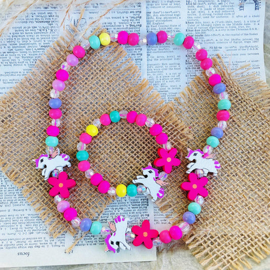 2pcs Unicorn Beaded Necklace Bracelet Set for Girls