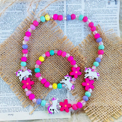 2pcs Unicorn Beaded Necklace Bracelet Set for Girls