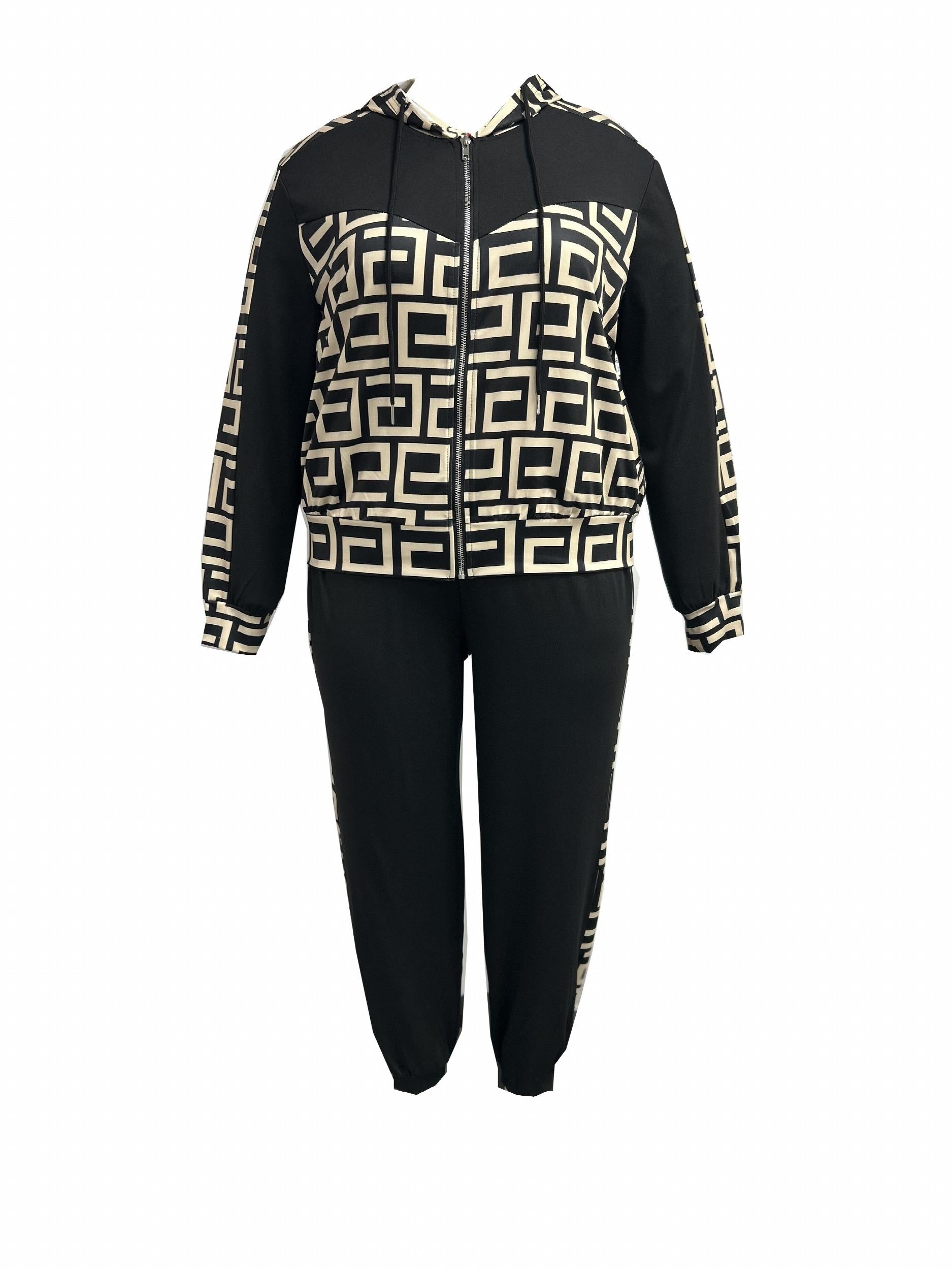 Colorblock Geometric Print Hooded Top & Pants Set
