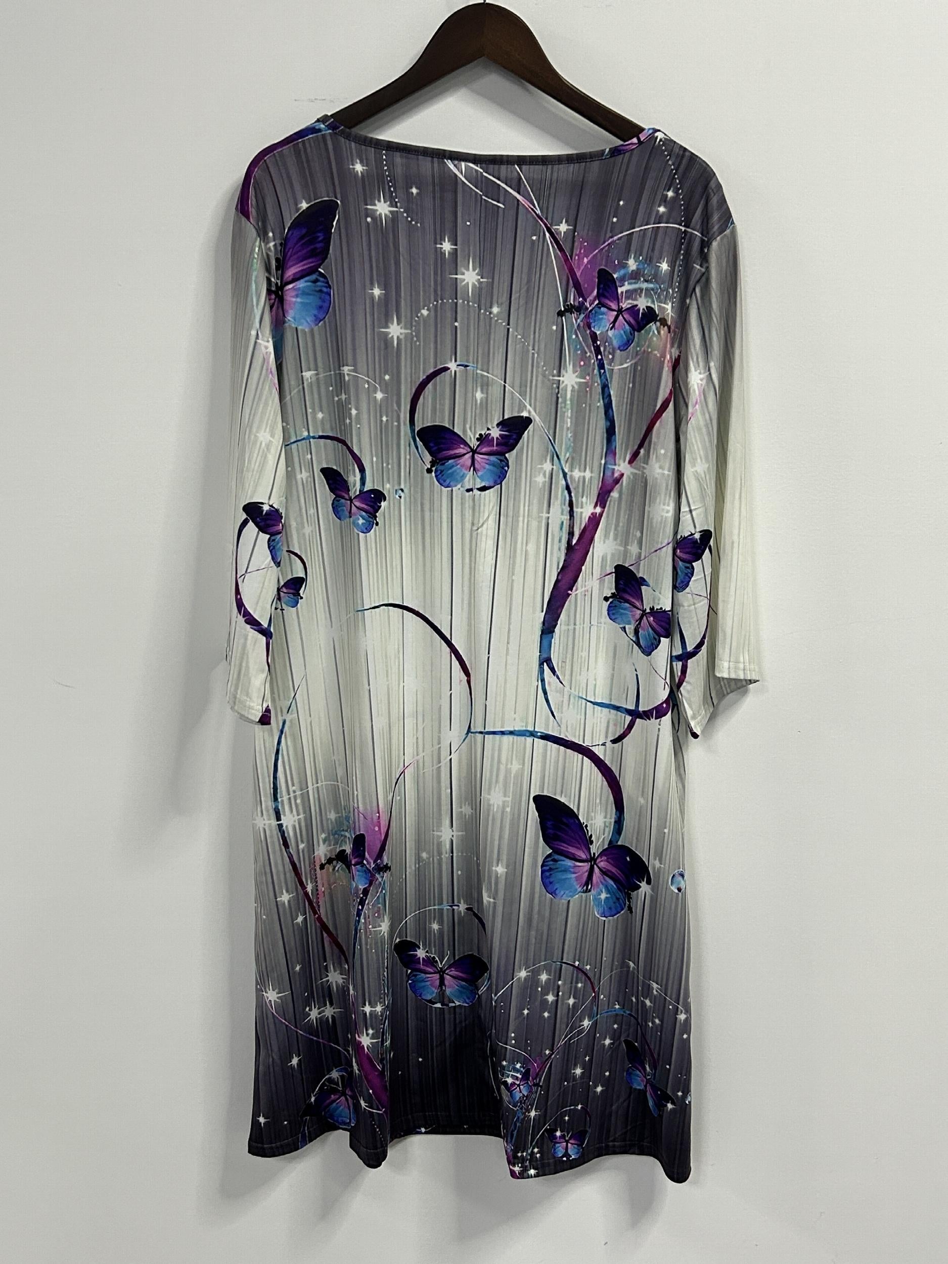 Women's Plus Butterfly Print Half Sleeve V Neck Dress