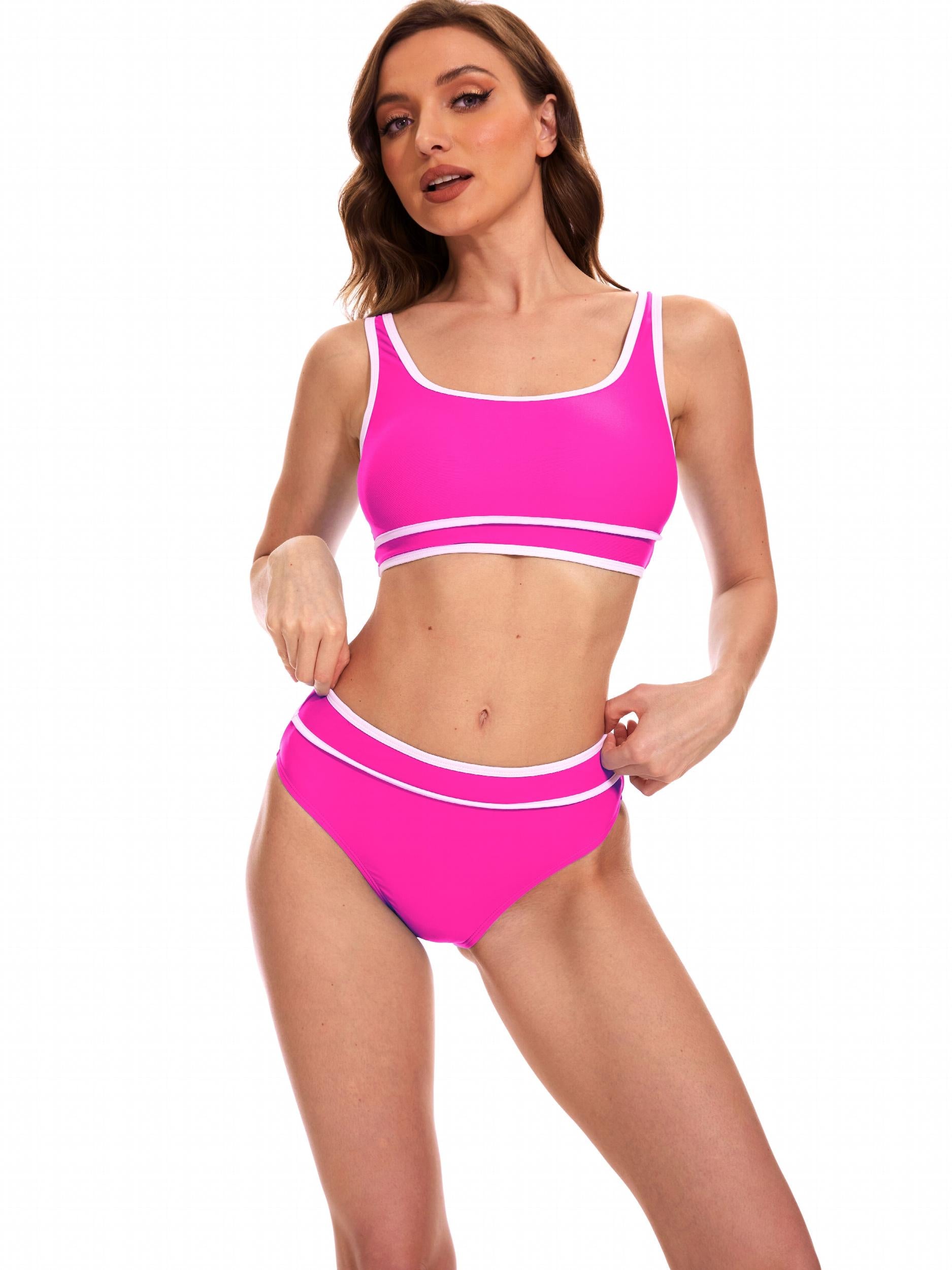 High Waist 2-Piece Bikini Set Contrast Trim Scoop Neck Swimsuit
