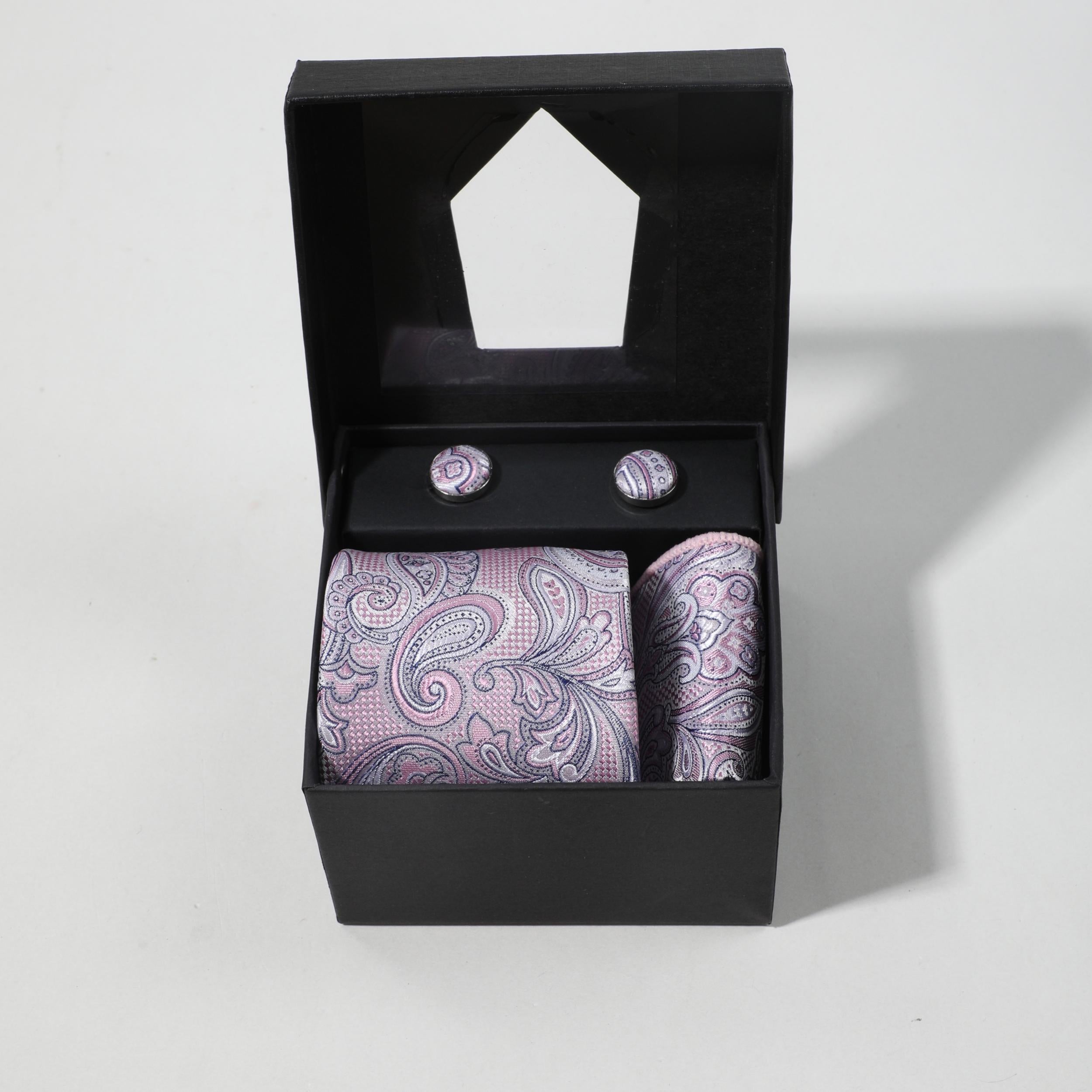 Purple Paisley Jacquard Tie Set & Lapel Pin Brooch & Handkerchief