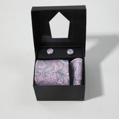 Purple Paisley Jacquard Tie Set & Lapel Pin Brooch & Handkerchief