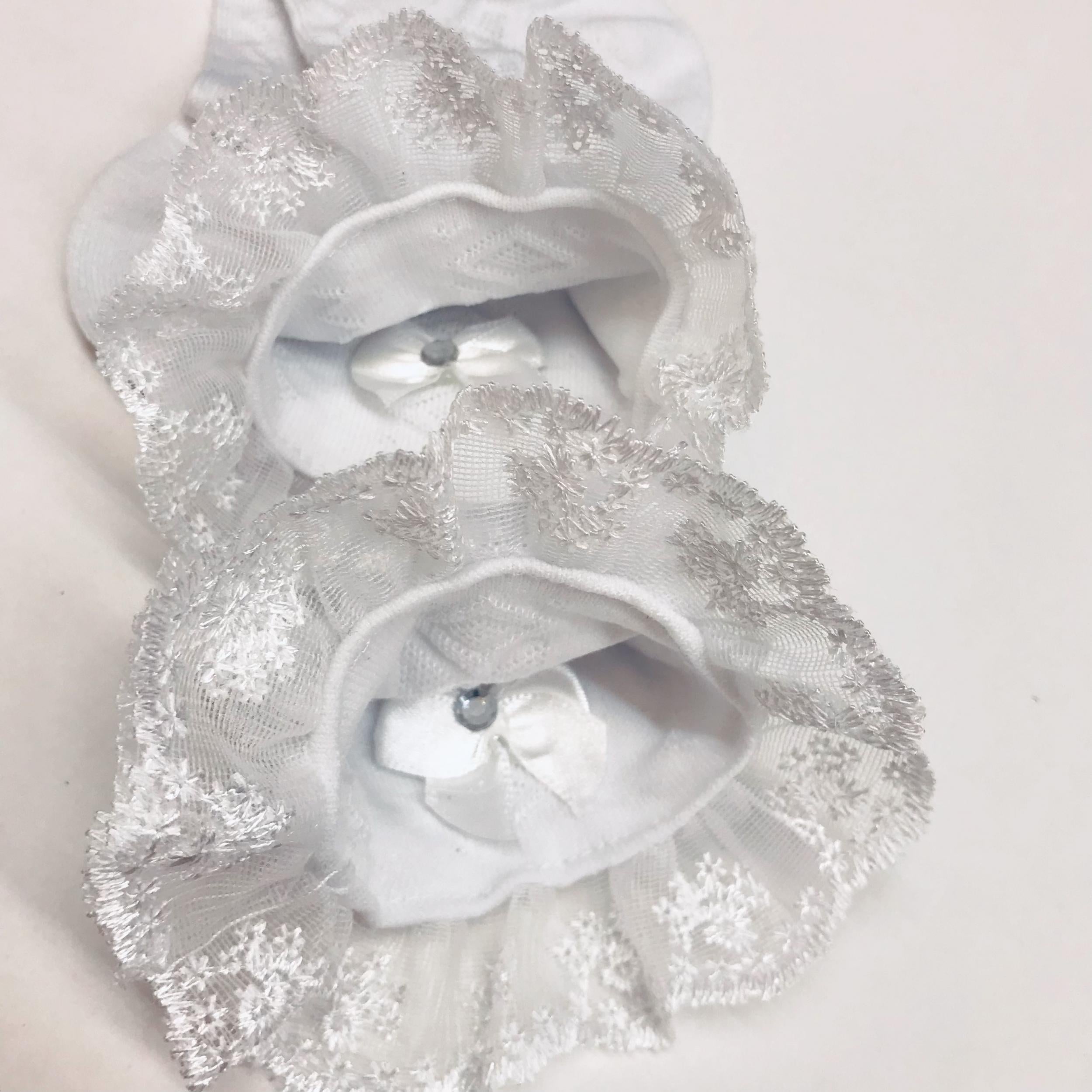 Girls Lace Brim Socks w/ Rhinestone Bow, Soft Elastic Princess Crew Socks