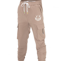 Smile Print Men's Cargo Pants Drawstring Flap Pocket Joggers