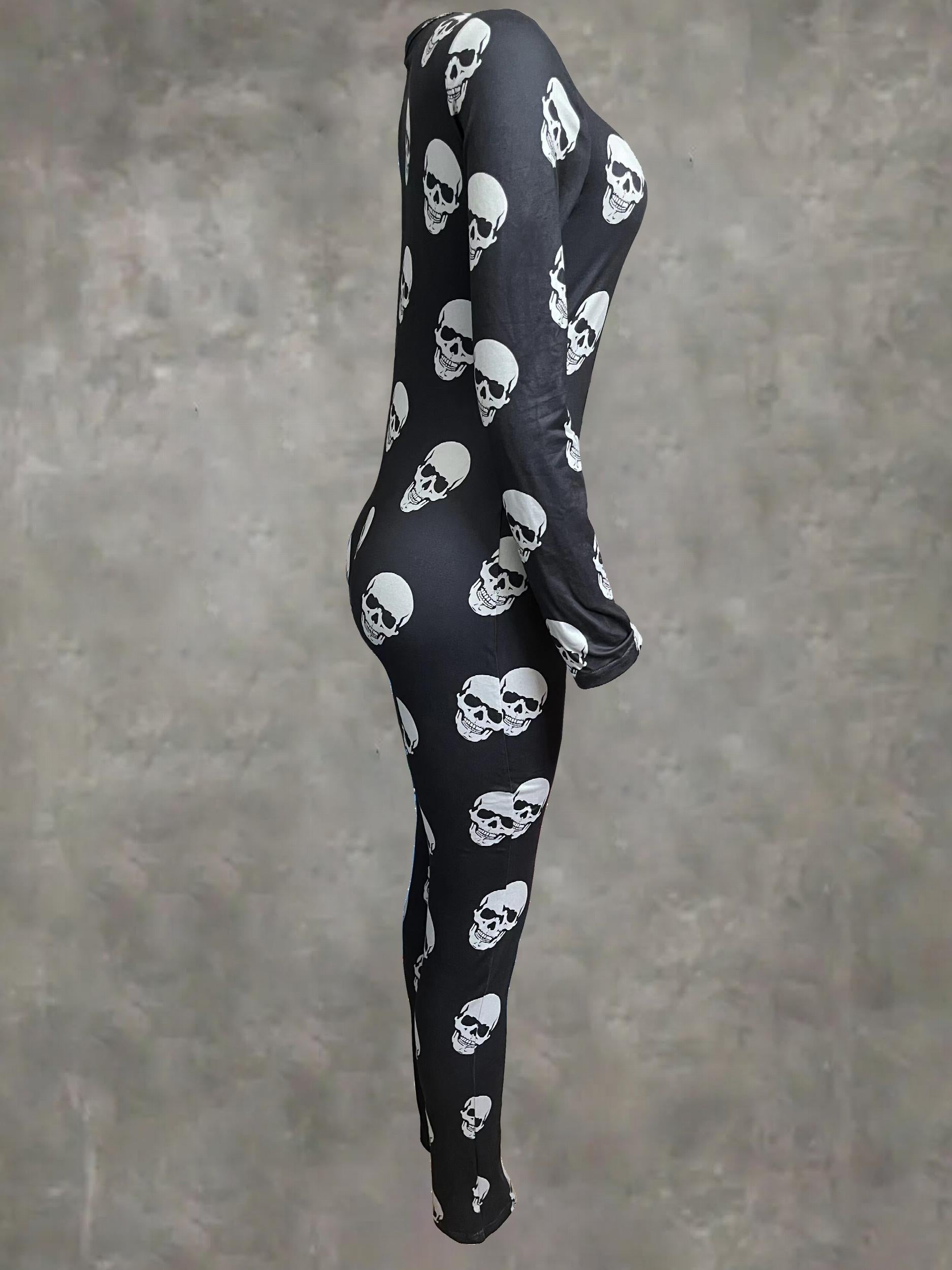 Skull Print Button Front Jumpsuit Long Sleeve Slim Fit Women's Clothing
