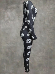 Skull Print Button Front Jumpsuit Long Sleeve Slim Fit Women's Clothing