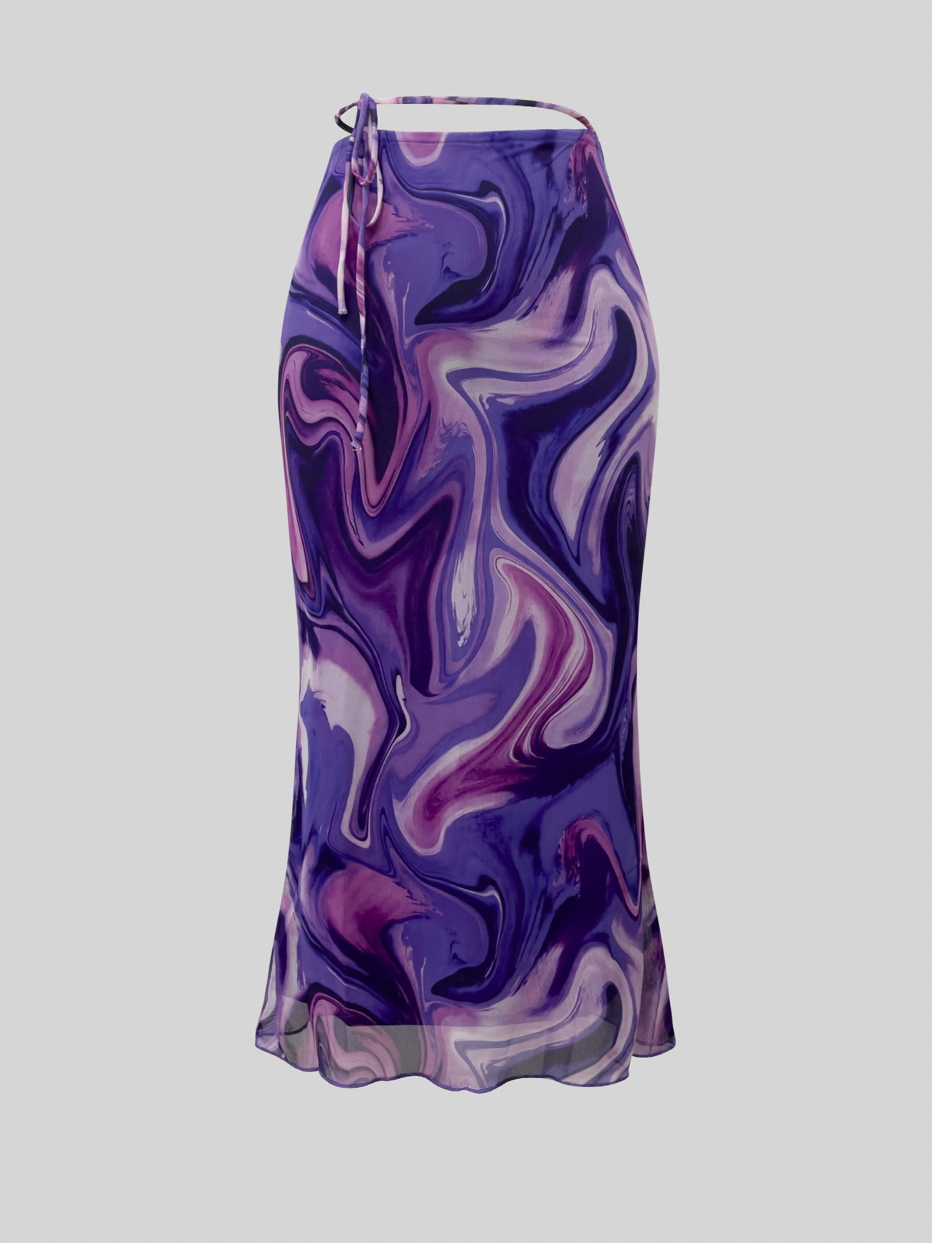 Mesh Skirt Tie Waist All Over Print Casual Spring Summer Women's Clothing