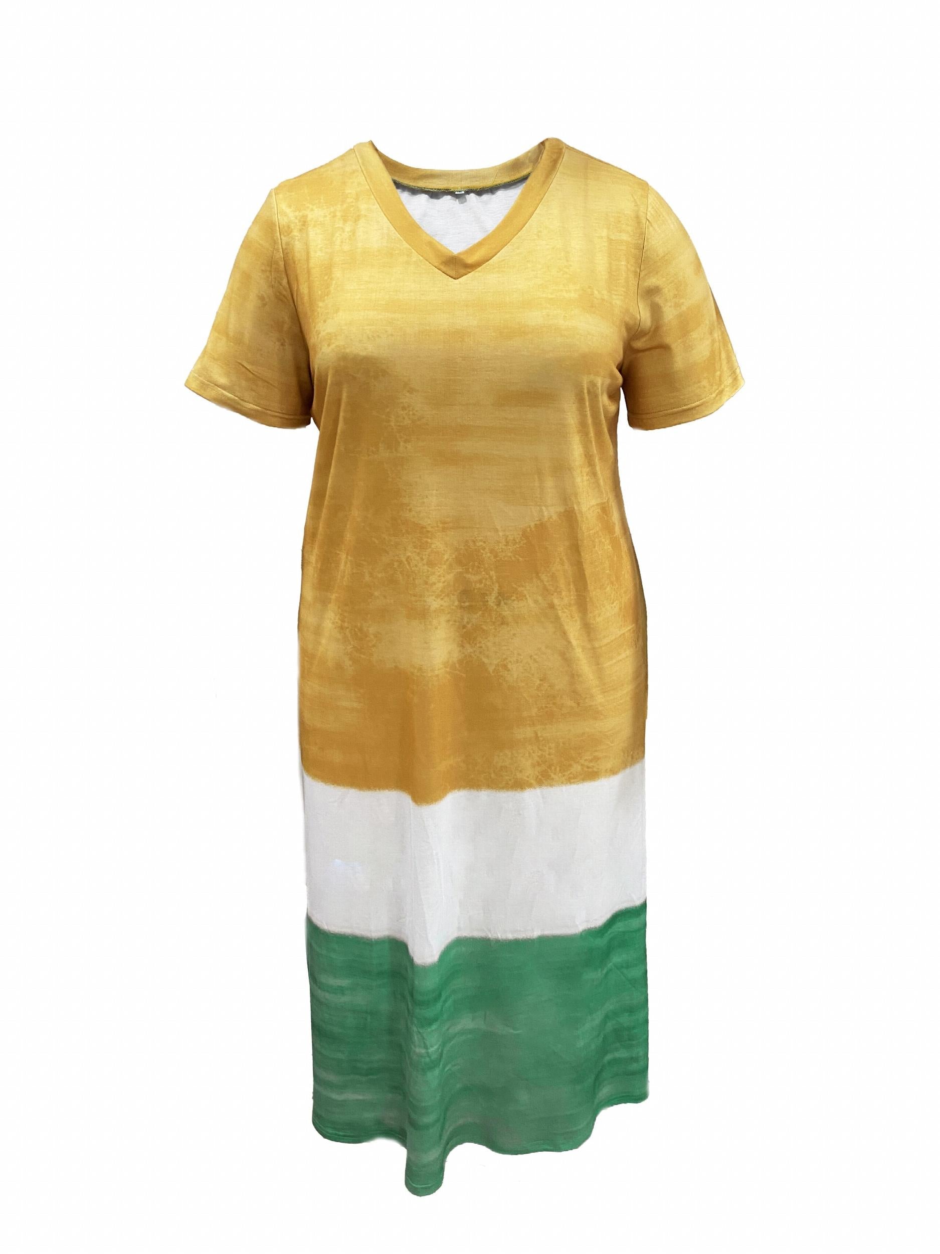 Colorblock Stripe Print Short Sleeve V Neck Maxi Dress