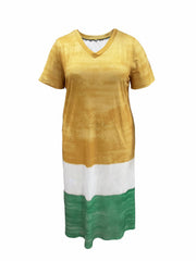 Colorblock Stripe Print Short Sleeve V Neck Maxi Dress