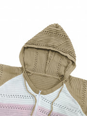 Colorblock Zipper Hooded Coat Long Sleeve Eyelet Embroidered